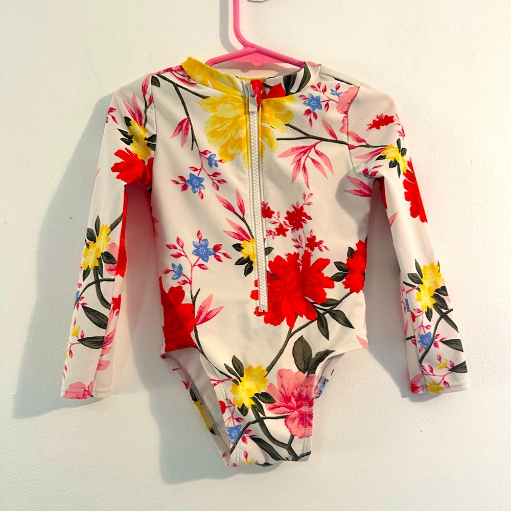 Old Navy White Floral, Long Sleeve Zip Front Rashguard UPF Girls Size 3t